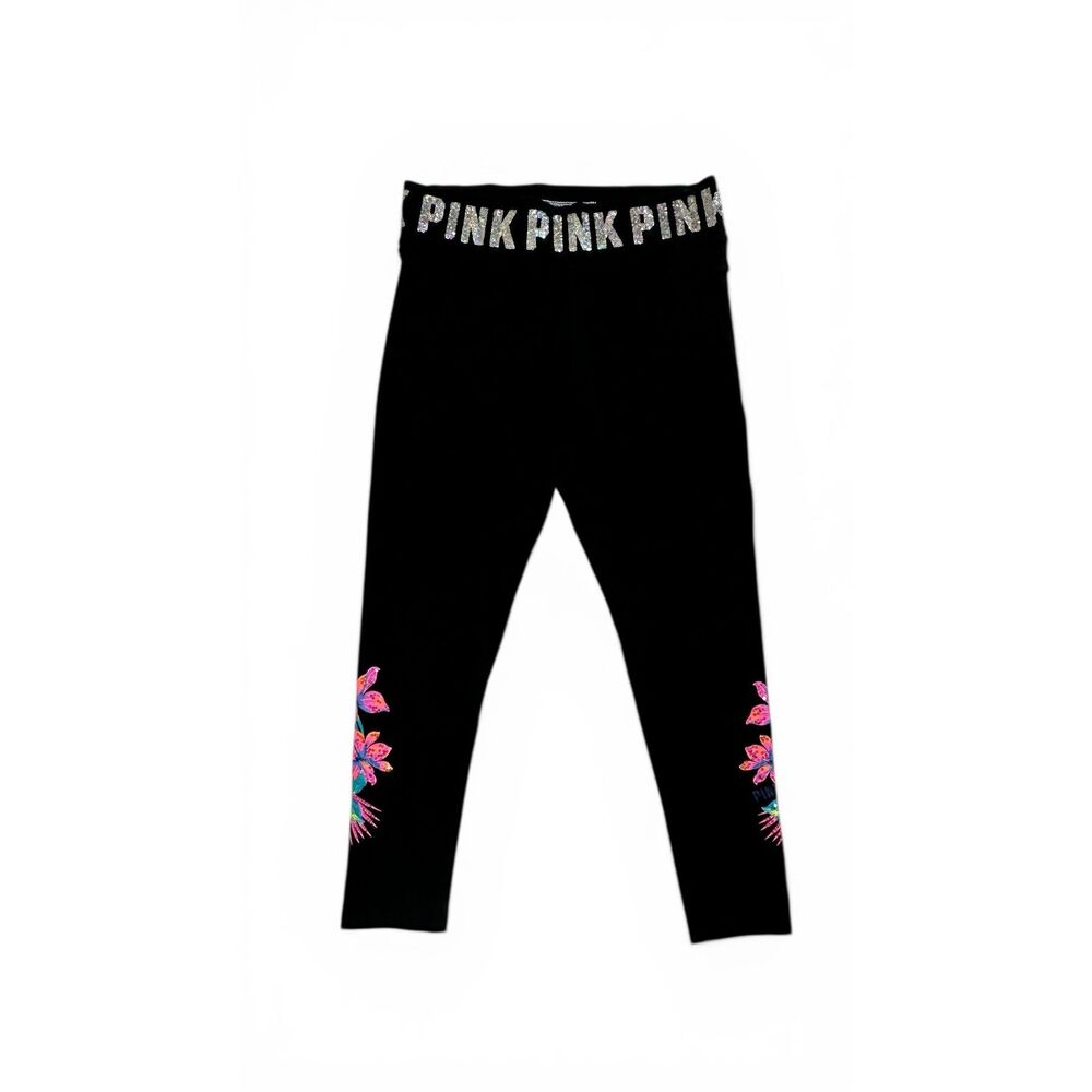 PINK Victoria’s Secret Tropical Floral Bling Yoga Leggings L Black Sequin Waist - Picture 6 of 16